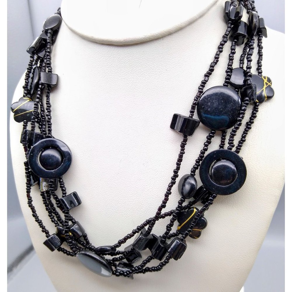 Retro Messy Beaded Necklace, Black Glass Multi Strand with Glossy Shapes and Gol